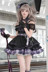 Purple [Dark Night Rose] Boat Neck Short Sleeves Multi-Layered Plaid Printed Ruffled Chain-Decorated Gothic Lolita Dress - Product - 3