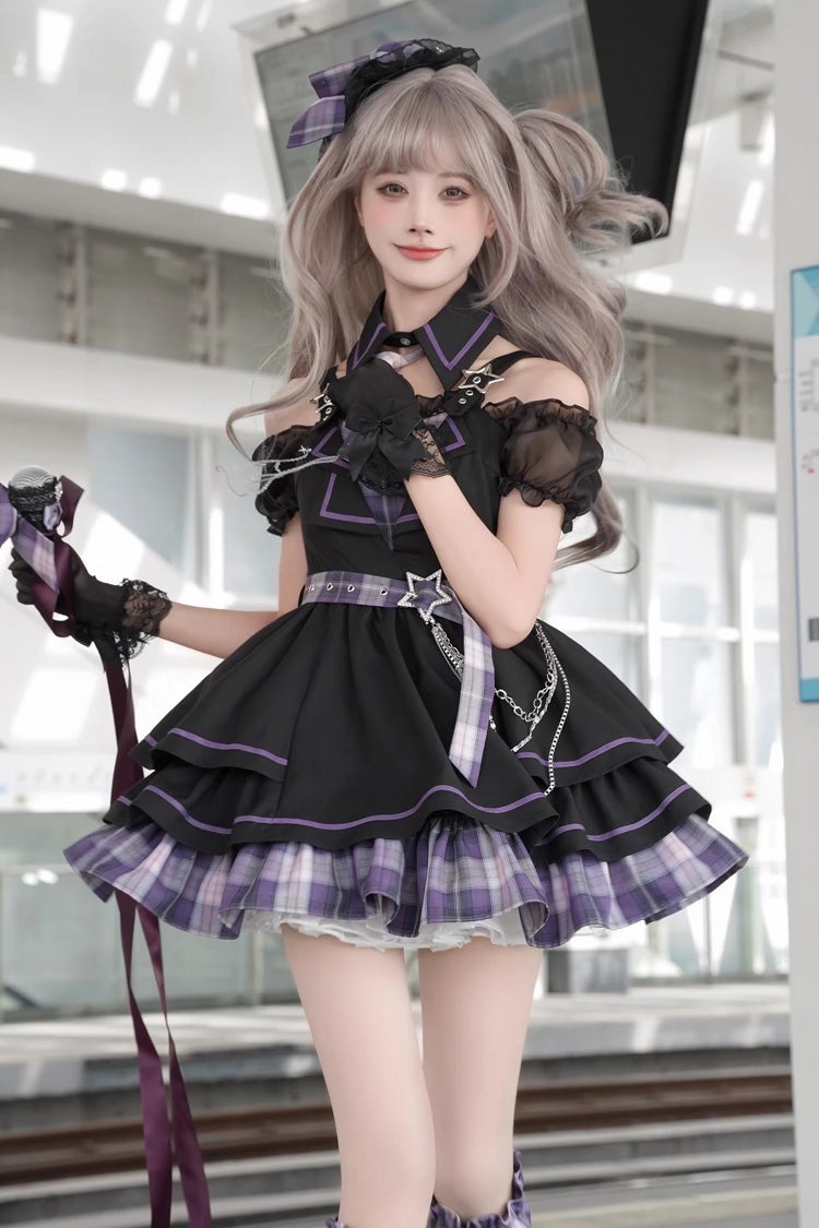 Purple [Dark Night Rose] Boat Neck Short Sleeves Multi-Layered Plaid Printed Ruffled Chain-Decorated Gothic Lolita Dress - Product - 3