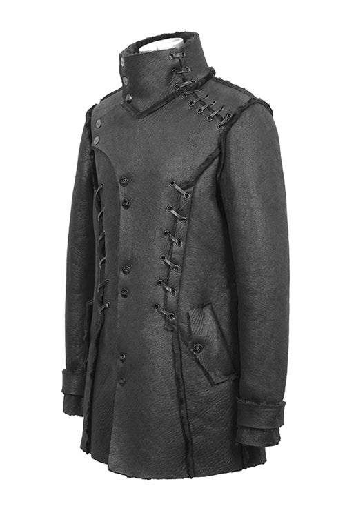 Black Winter High Collar Unedged Thick Mens Punk Coat - Product - 5