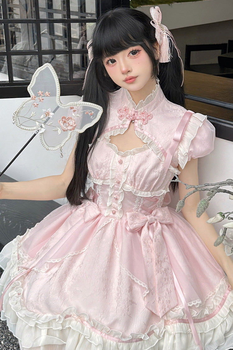 Pink [Spring Flower Notes] Ruffle Bowknot Lace Sweet Princess Lolita Jsk Dress - Product - 3
