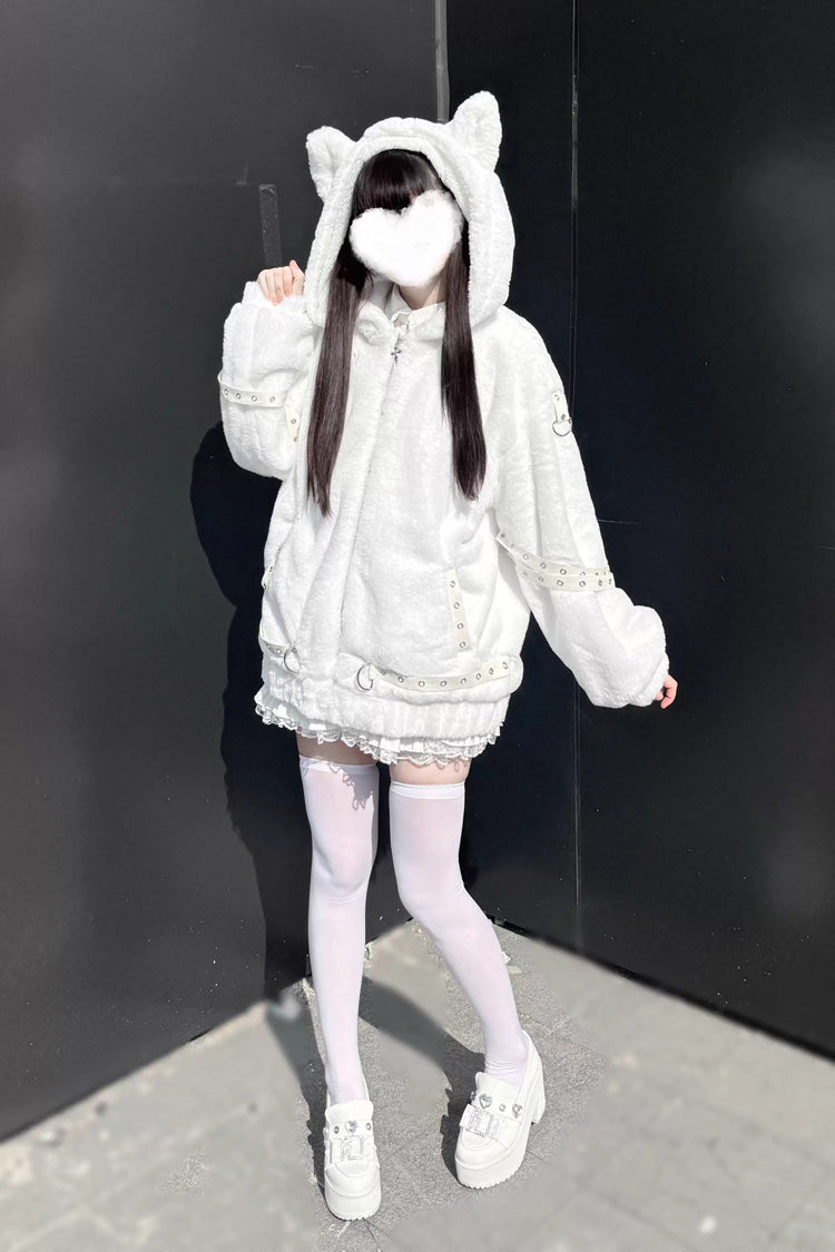 [Night Hunter] Cat Ear Long Sleeves Hooded Zippered Jirai Kei Coat 2 Colors - Product - 9