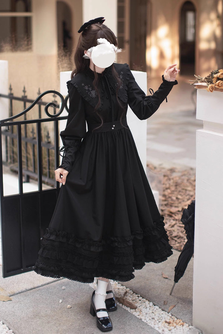 Black [Wind Kissed Tulips] Long Sleeves Ruffle Embroidery Bowknot Gothic Vintage Elegant Lolita Dress - Product - 9