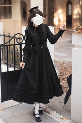 Black [Wind Kissed Tulips] Long Sleeves Ruffle Embroidery Bowknot Gothic Vintage Elegant Lolita Dress - Product - 9