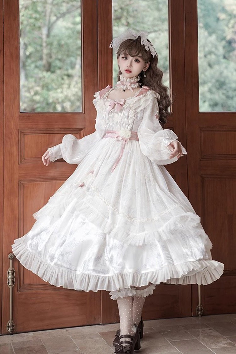 Ivory Long Sleeves Rose Print Bowknot Sweet Princess Lolita Dress - Product - 4