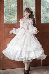 Ivory Long Sleeves Rose Print Bowknot Sweet Princess Lolita Dress - Product - 4