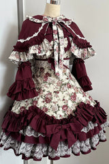 Burgundy Rose Flower Wall Printed Off Shoulder Sleeveless Ruffled Bow Lace Gothic Lolita Jsk Dress - Product - 4