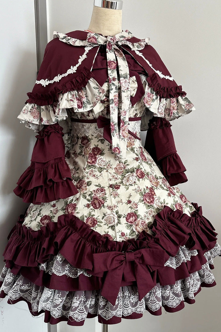 Burgundy Rose Flower Wall Printed Off Shoulder Sleeveless Ruffled Bow Lace Gothic Lolita Jsk Dress - Product - 4