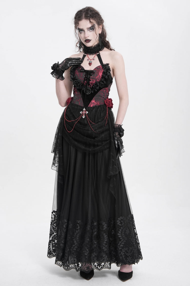 Red Halterneck Sleeveless Embroidery Stitching Rose Heart Lace Women's Gothic Blouse - Product - 10