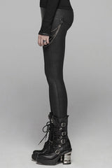 Black Crack Velvet Splice Knit PU Leather Metal Buckle Connect Chain Women's Punk Leggings - Product - 2