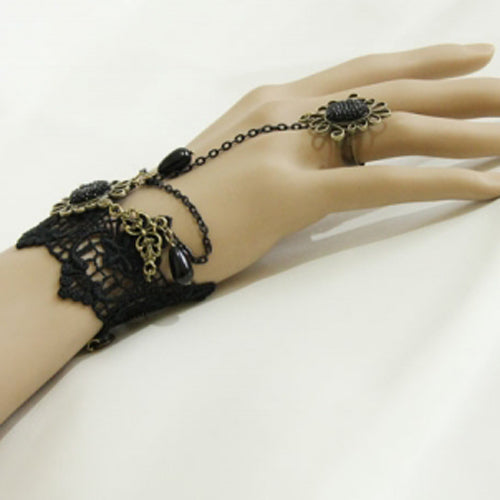 Black Retro Christmas Festive Lace Edge Pearl Wishing Female Gothic Lolita Ring Bracelet - Product - 4