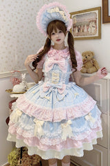 Blue/Pink [Fondant Cake] Sleeveless Multi-Layered Ruffle Bowknot Lace Sweet Lolita Jsk Dress - Product - 4