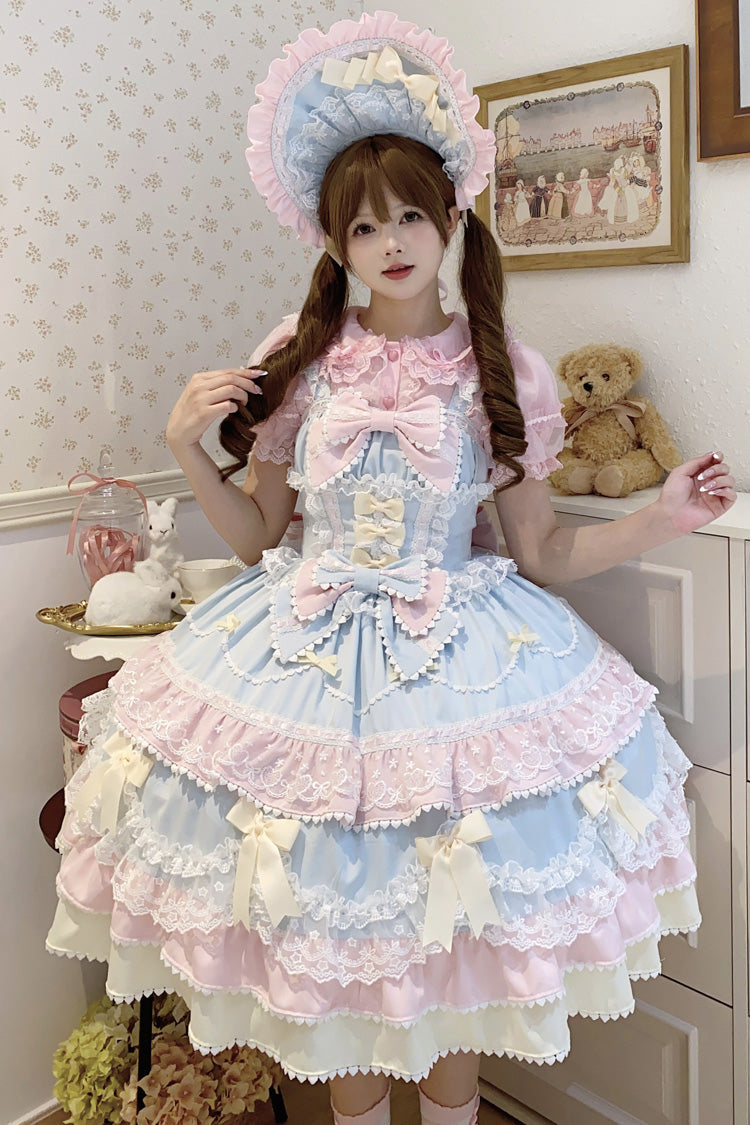 Blue/Pink [Fondant Cake] Sleeveless Multi-Layered Ruffle Bowknot Lace Sweet Lolita Jsk Dress - Product - 4