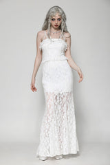 White Sleeveless Pleated Lace Women's Gothic Slip Dress Wedding Dress - White - 1