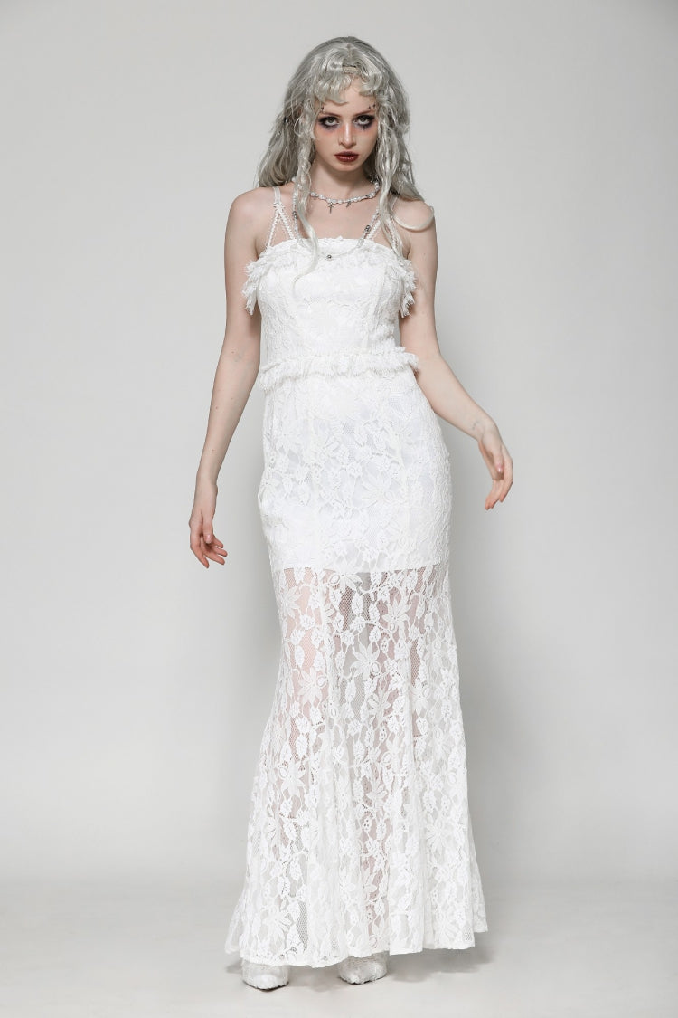 White Sleeveless Pleated Lace Women's Gothic Slip Dress Wedding Dress - White - 1