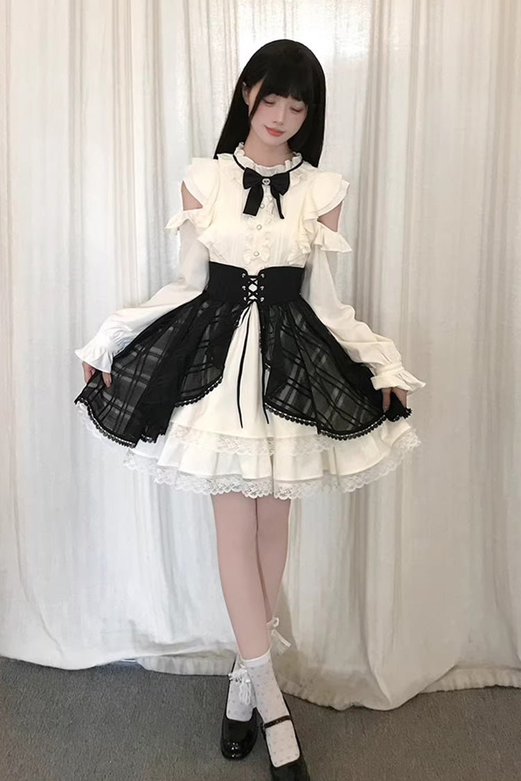 Black/Beige [Dark Chocolate Champagne] Stand Collar Off Shoulder Long Sleeves Double-Layered Ruffled Sweet Japanese Lolita Dress - Product - 7