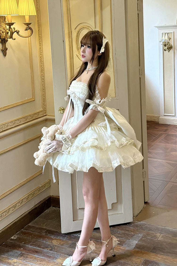 Apricot [Princess Ribbon] Off Shoulder Triple-Layered Ruffle Bowknot Sweet Lolita Dress - Product - 4