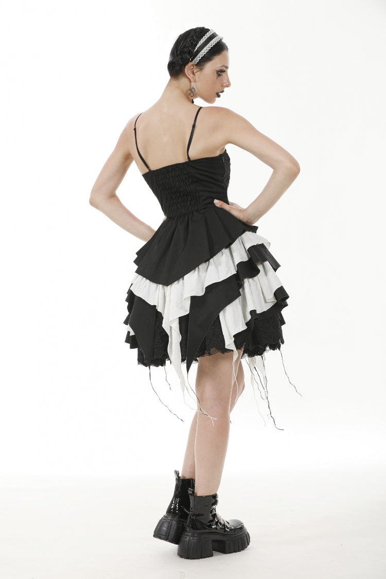 Black/White Sleeveless Multi-Layered Ruffled Bowknot Women's Gothic Slip Dress - Product - 12