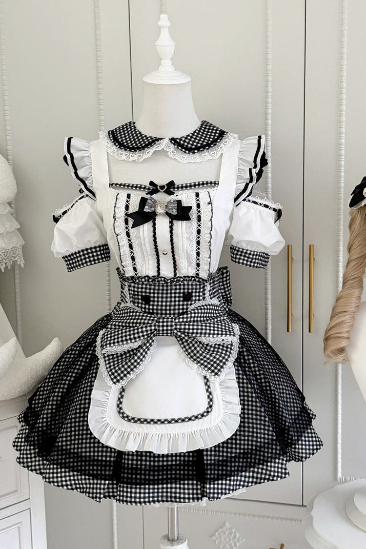 Jirai Kei Square Collar Off Shoulder Short Sleeves Printed Bow Sweet Maid Skirt Set 2 Colors - Black/White(Set) - 2