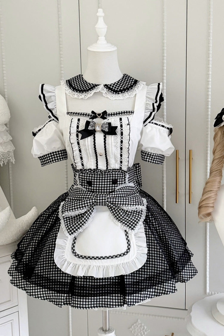 Jirai Kei Square Collar Off Shoulder Short Sleeves Printed Bow Sweet Maid Skirt Set 2 Colors - Black/White(Set) - 2