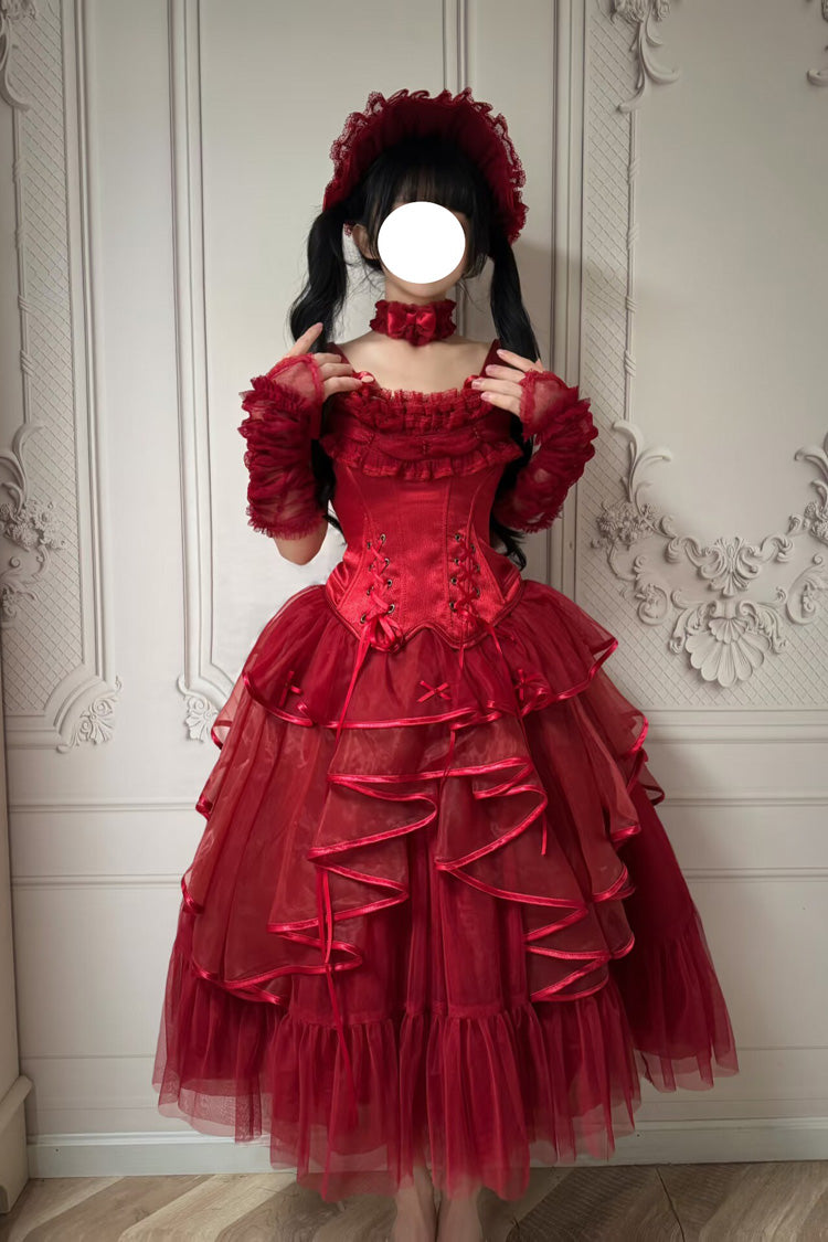 Red [The Summer Waves Sparkle] Square Collar Sleeveless Multi-Layered Ruffled Bow Lace-Up Slim Classic Lolita Skirt Set - Product - 12