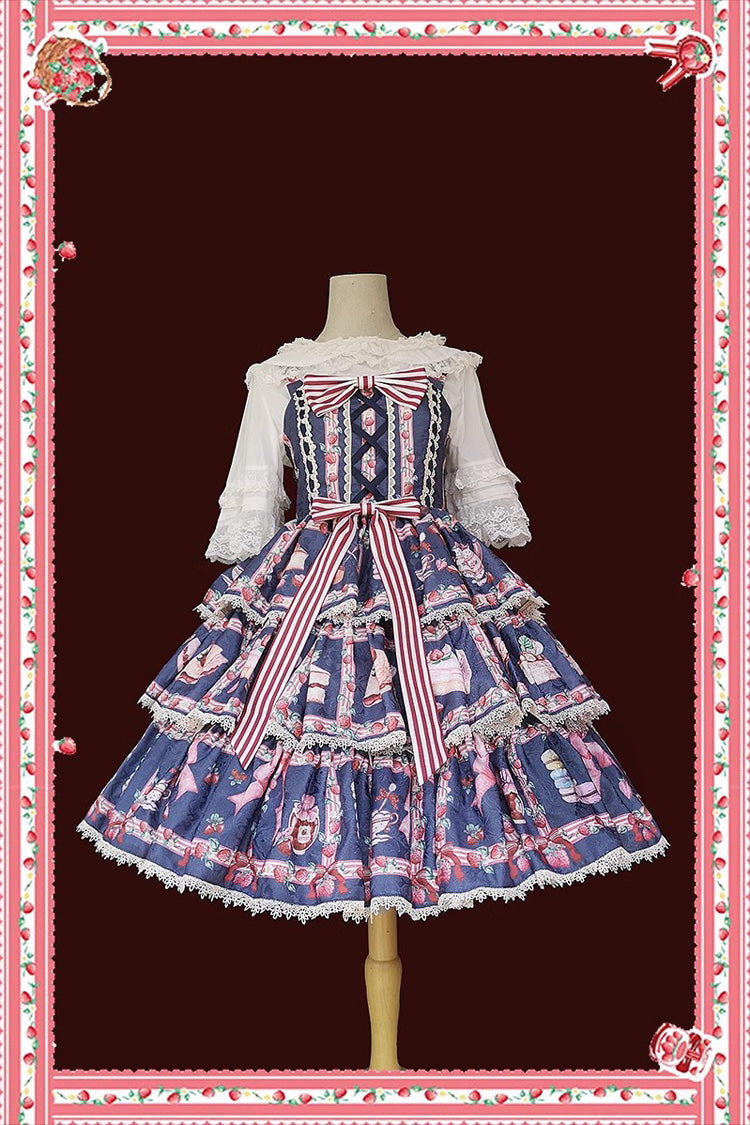 Strawberry Afternoon Tea Cake Ice Cream Print Bowknot Sleeveless Sweet Lolita Tiered Dress 3 Colors - Dark Blue - 4