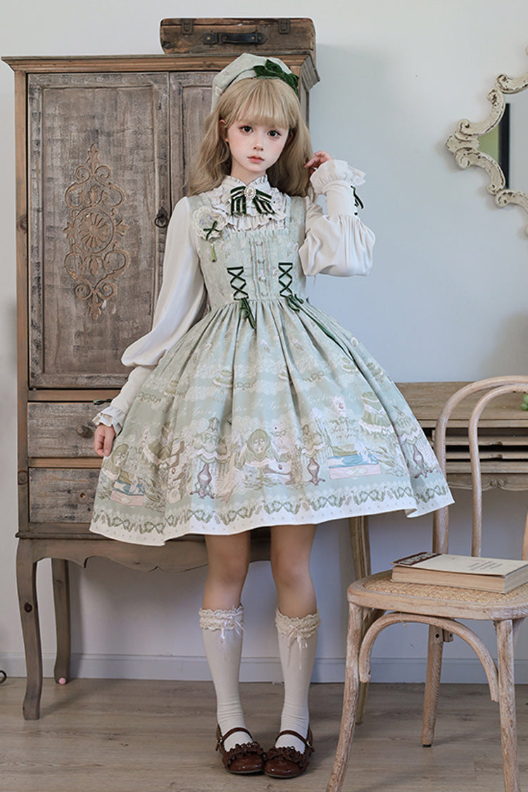 [Iris Study] Square Collar Print Bowknot Lace-Up Sweet Lolita Jumper Dress 2 Colors - Product - 3
