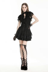 Black Stand Collar Ruffled Short Sleeves Lace Spliced Women's Gothic Blouse - Black - 1
