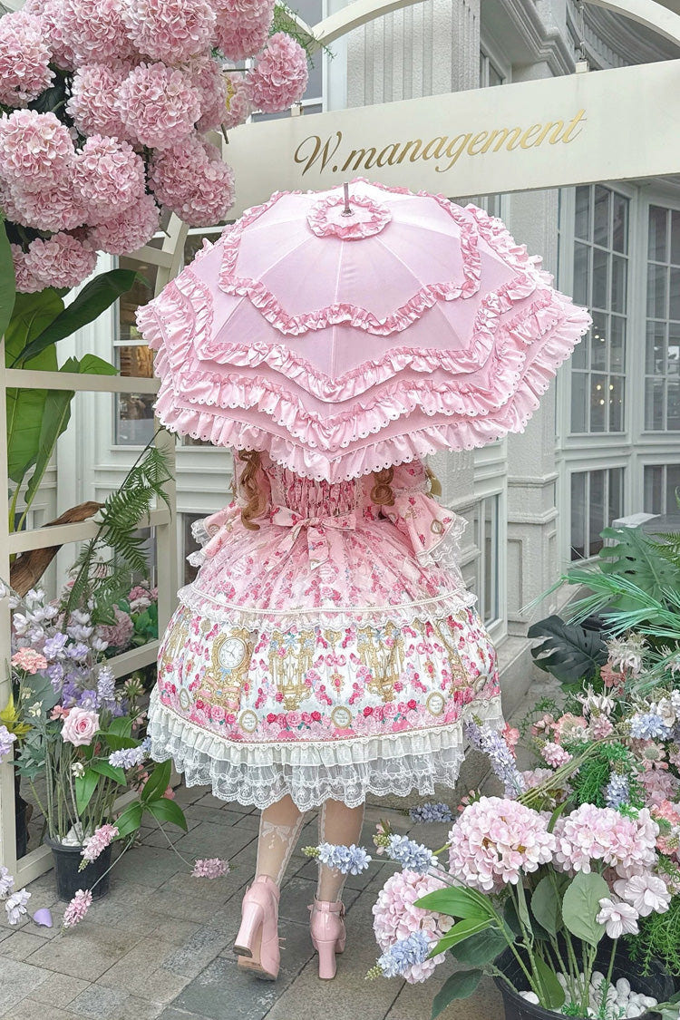 Pink [Rose Garden Prelude] Square Collar Long Trumpet Sleeves Printed Ruffled Bow Lace Lace-Up Sweet Lolita Dress - Product - 2