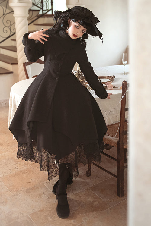 Black Icebreaker Irregular Hem Woolen Ouji Lolita Coat - Product - 5