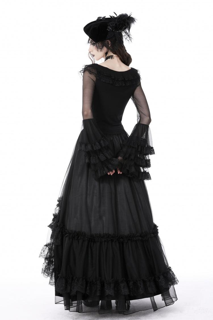 Black Multi-Layered Ruffled Lace Long Trumpet Sleeves Women's Gothic Princess Sexy Top - Product - 8