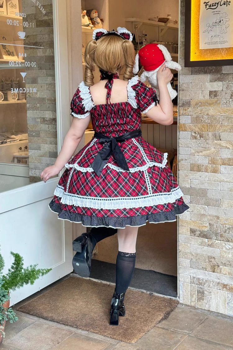 Red [Shibuya Sweetheart] Short Sleeves Plaid Print Ruffle Bowknot Sweet Lolita OP Dress (Plus Size Support) - Product - 3
