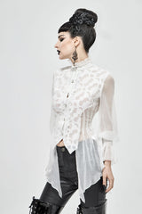 White Chiffon High Collar Front Flare Cuff Back Waist Lace Up Women's Gothic Blouse - Product - 3
