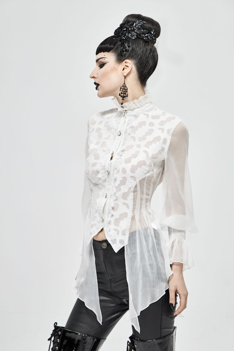 White Chiffon High Collar Front Flare Cuff Back Waist Lace Up Women's Gothic Blouse - Product - 3
