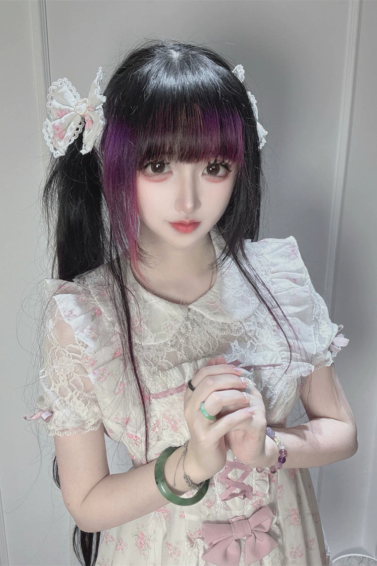 [Rose Letter] Peter Pan Collar Short Sleeves Double-Layered Printed Ruffled Open-Front Lace-Up Sweet Jirai Kei Dress Set 2 Colors - Product - 9