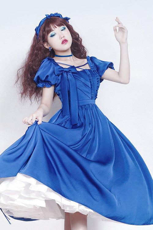 Blue Square Collar Ruffled Puff Short Sleeves High Waisted Classic Lolita OP Dress - Product - 3
