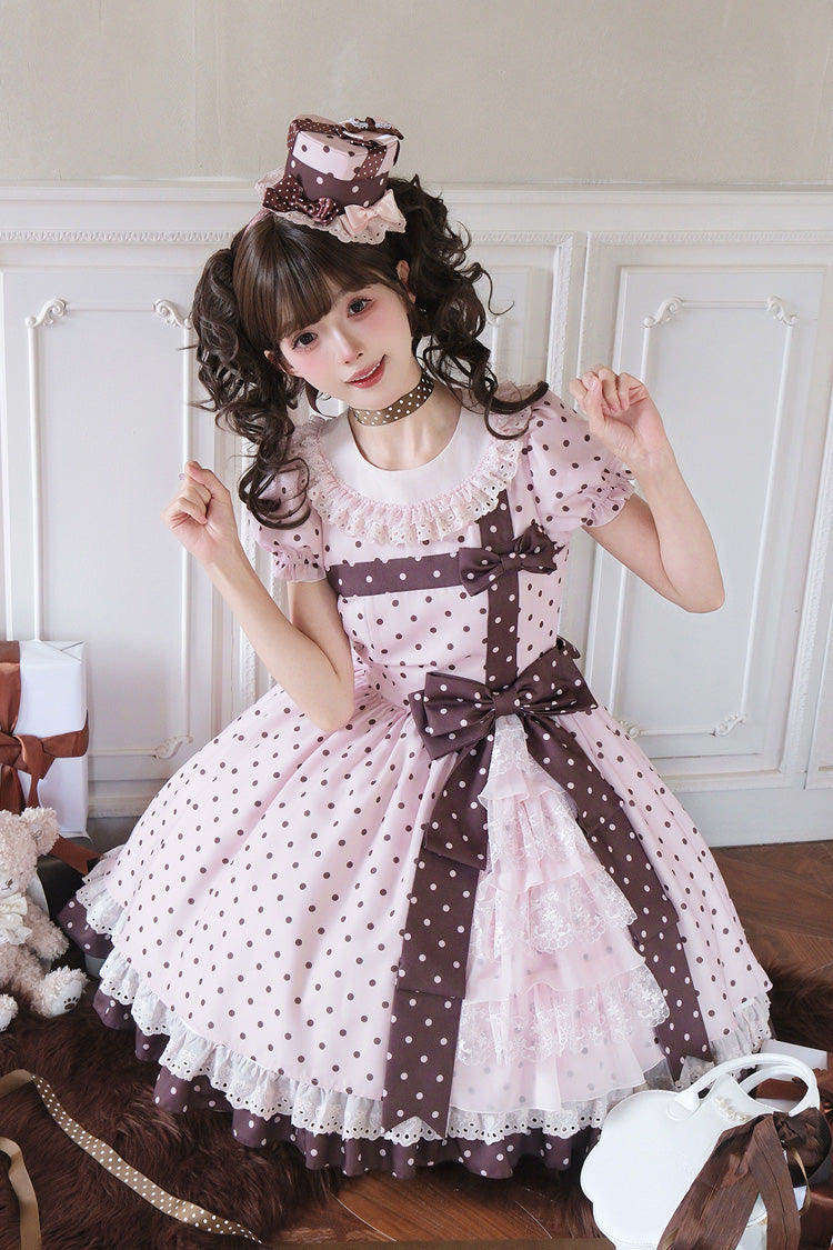 Pink [Canelé Gift Box] Round Collar Short Sleeves Double-Layered Printed Polka Dot Ruffled Open-Front Bow Asymmetric Sweet Lolita Dress - Product - 8