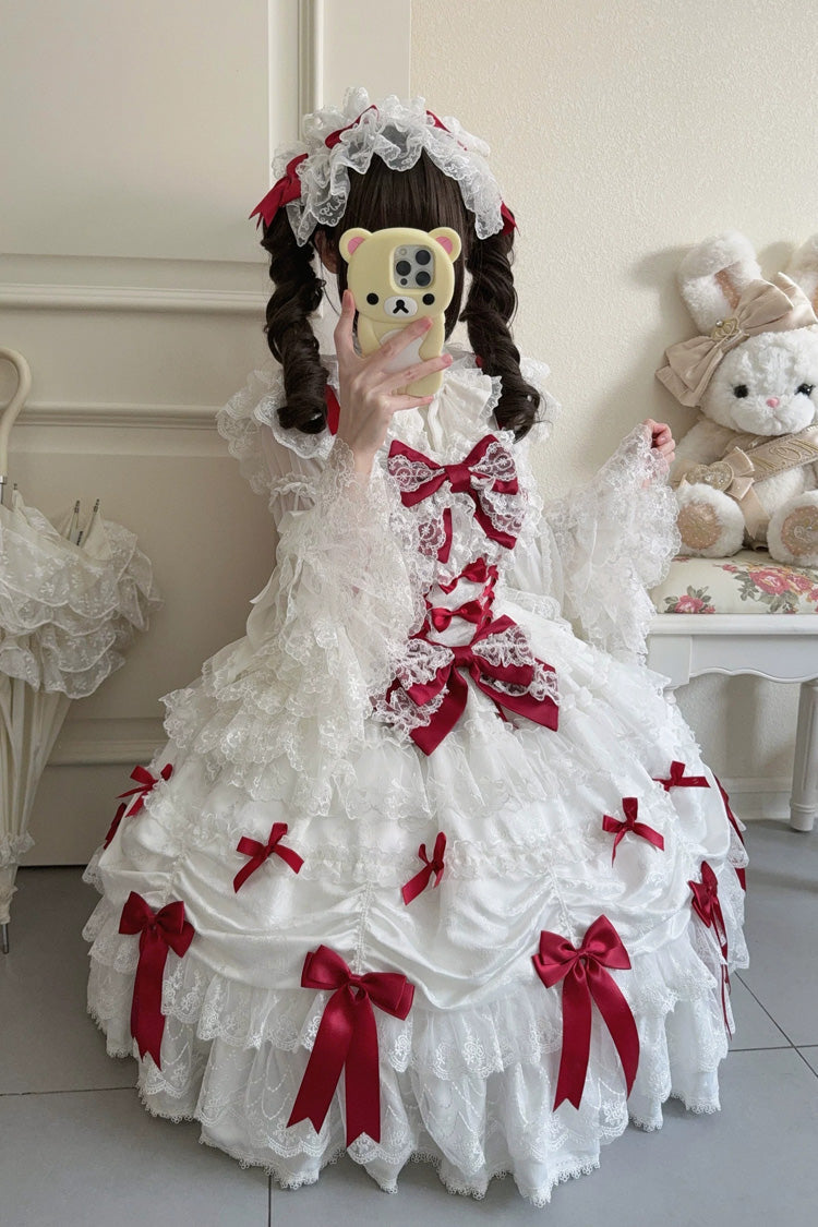 White/Red [Silk Satin Gift Box] Square Collar Sleeveless Multi-Layered Ruffled Bow Lace Sweet Lolita Jsk Dress - Product - 9