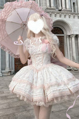 Pink [First Love Rose] Multi-Layered Print Ruffle Bowknot Lace Sweet Lolita Jsk Dress Set - Pink - 1