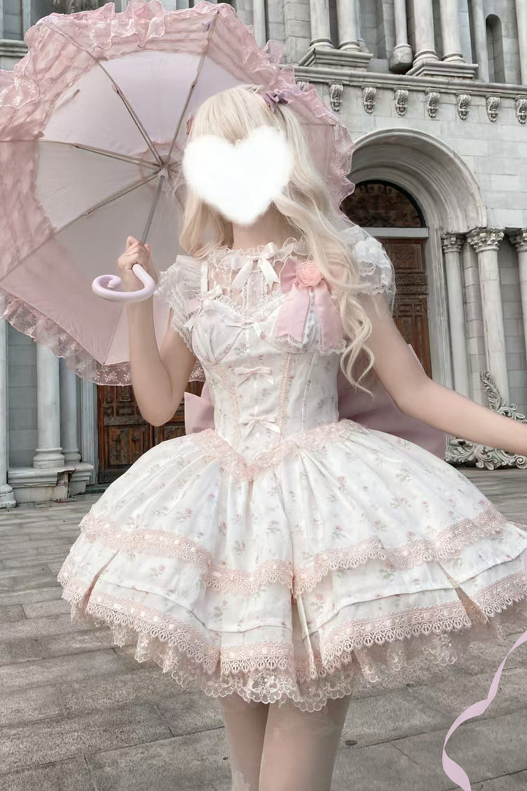 Pink [First Love Rose] Multi-Layered Print Ruffle Bowknot Lace Sweet Lolita Jsk Dress Set - Pink - 1