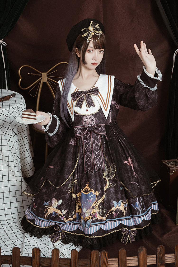 Black Navy Collar Long Sleeves Butterfly Print Ruffle Bowknot Gothic Elegant Princess Lolita Dress - Product - 6