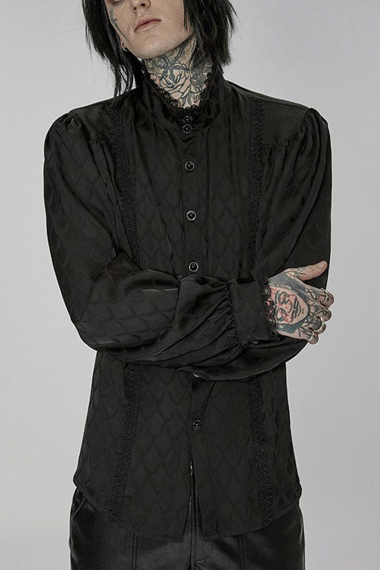 Black Punk Turtleneck Dragon Scale Jacquard Long Lantern Sleeves Lace Edge Men's Shirt - Black - 1