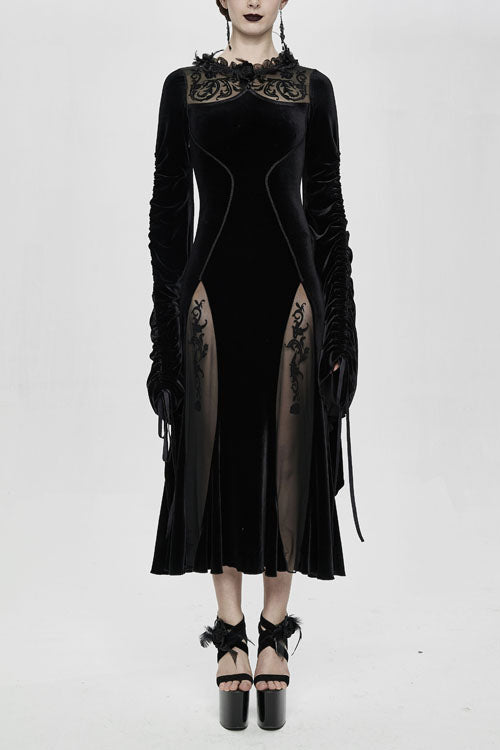 Black Flocking Pattern Trumpet Sleeve Sexy Womens Gothic Fitted Velvet Dress - Black - 1