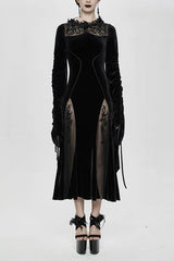 Black Flocking Pattern Trumpet Sleeve Sexy Womens Gothic Fitted Velvet Dress - Black - 1