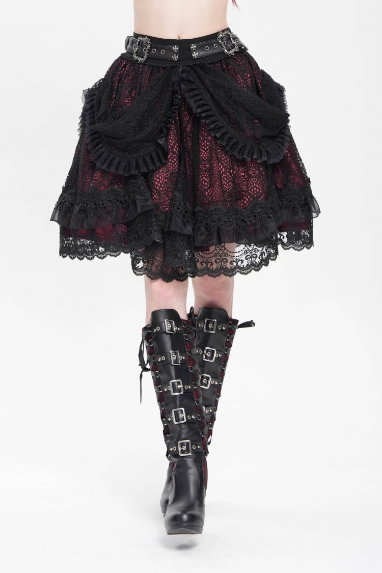 Black/Red Multi-Layered Ruffle Buckle Straps Women's Gothic Skirt - Black/Red - 1
