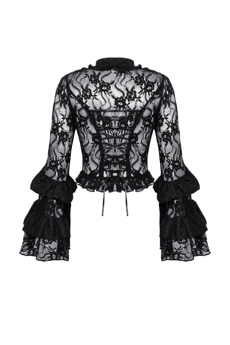 Black Multi-Layered Long Trumpet Sleeves Lace Lace-Up Women's Gothic Top - Product - 12