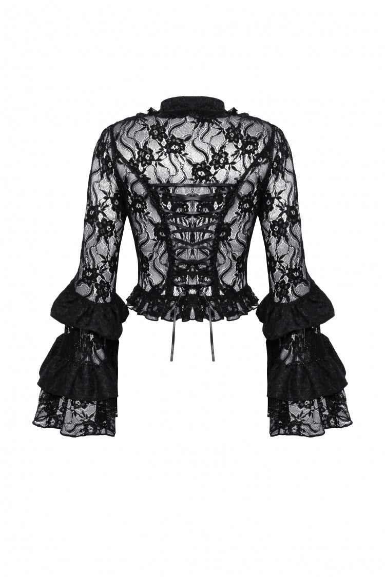 Black Multi-Layered Long Trumpet Sleeves Lace Lace-Up Women's Gothic Top - Product - 12