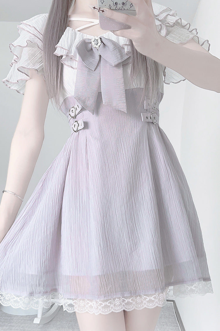 Purple Short Sleeves Ruffle Bowknot Lace Jirai Kei Japanese Dress - Product - 2