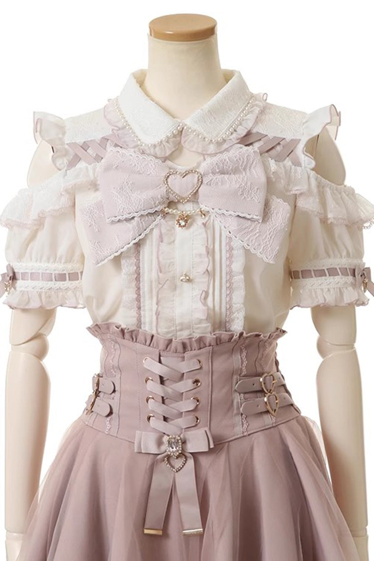 Sweet Lapel Collar Off Shoulder Short Sleeves Bowknot Pearl Jirai Kei Japanese Blouse 3 Colors - Pink/White - 1