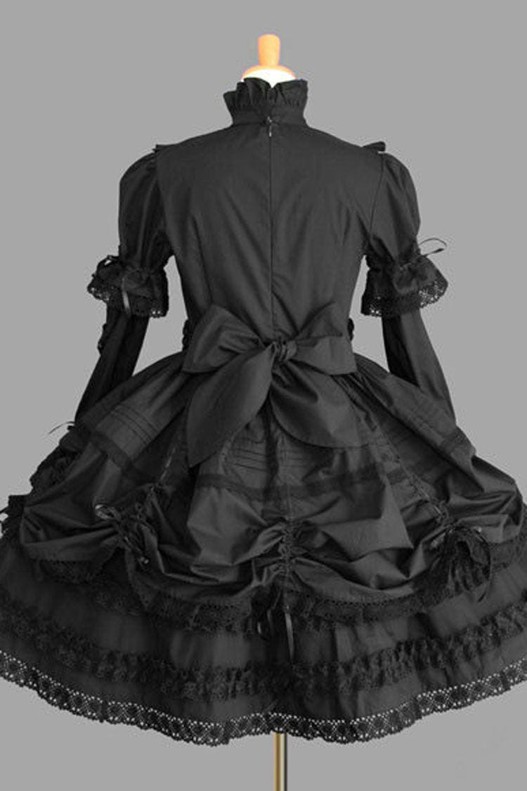 Black Cotton Stand Collar Long Sleeves Knee Length Bowknot Ruffled Multi-Layer Gothic Lolita Dress - Product - 2