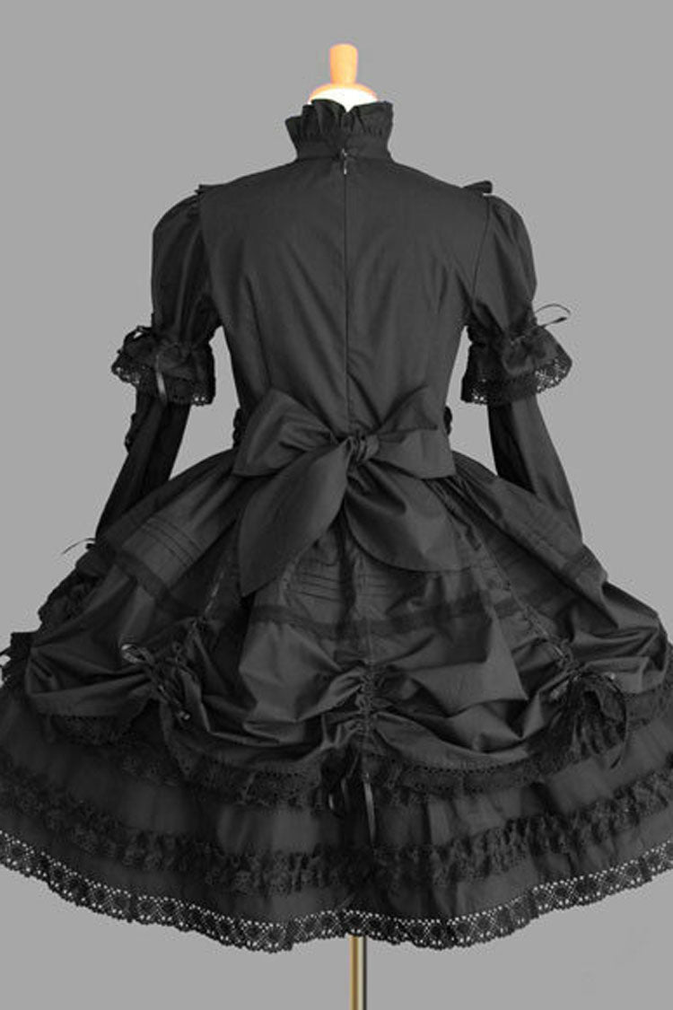 Black Cotton Stand Collar Long Sleeves Knee Length Bowknot Ruffled Multi-Layer Gothic Lolita Dress - Product - 2